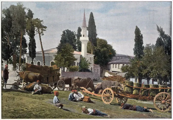 Framed Print : The drivers of these Turkish ox-carts have stopped to give their animals a rest Framed Print : The drivers of these Turkish ox-carts have stopped to give their animals a rest