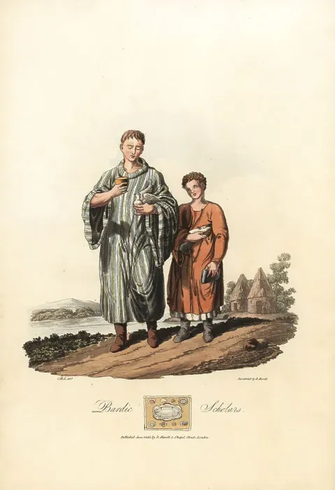 Framed Print : Druidic Awenydd (Bardic disciple) and novice, from the pre-Roman Framed Print : Druidic Awenydd (Bardic disciple) and novice, from the pre-Roman