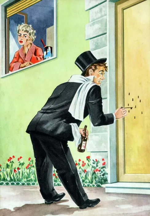 Framed Print : Drunk young man unable to find the right (real!) keyhole Framed Print : Drunk young man unable to find the right (real!) keyhole