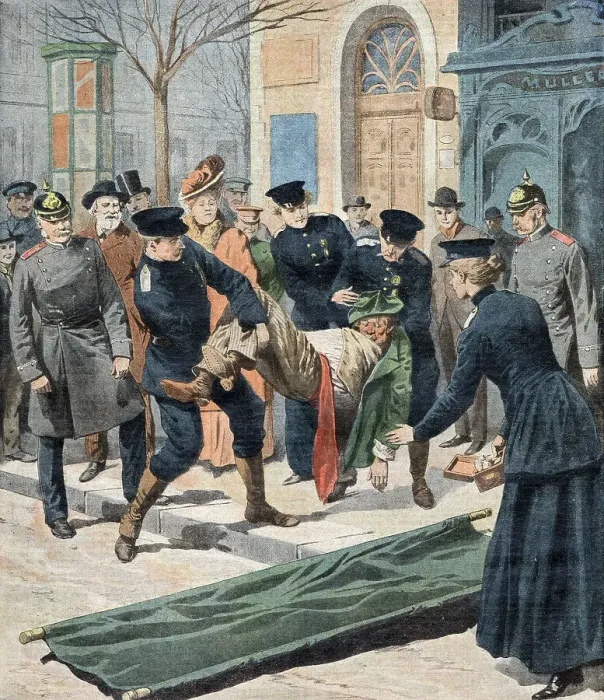 Framed Print : A drunken Berliner is removed from public view by a medical team. Date: 1907 Framed Print : A drunken Berliner is removed from public view by a medical team. Date: 1907