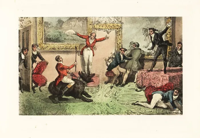 Framed Print : Drunken English gentleman rides a bear into a drawing room Framed Print : Drunken English gentleman rides a bear into a drawing room