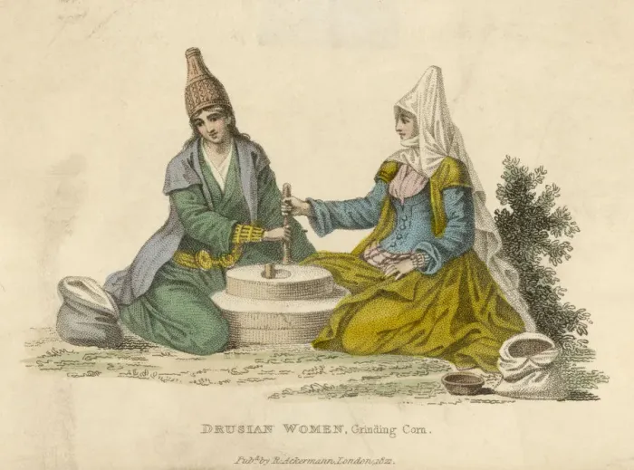 Framed Print : Druse women of the Lebanon grinding corn Framed Print : Druse women of the Lebanon grinding corn
