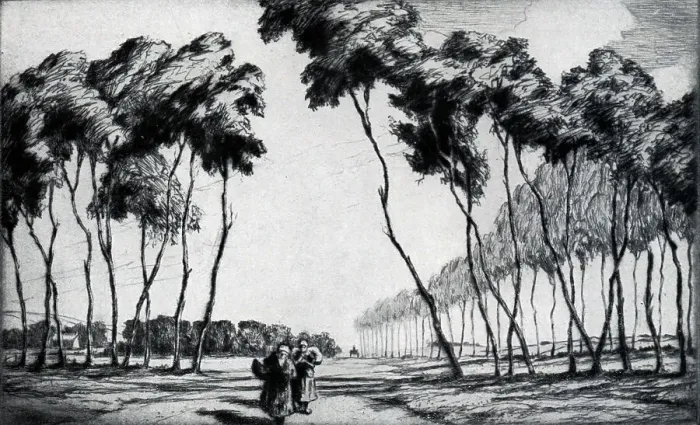 Framed Print : A Dry-point of two people travelling along Breton Road. Date: circa 1929 Framed Print : A Dry-point of two people travelling along Breton Road. Date: circa 1929