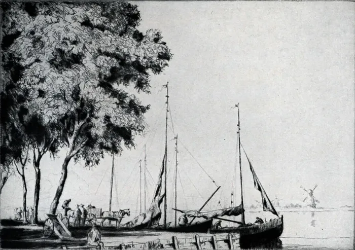Framed Print : Drypoint of a Quay in Middelburg, Netherlands. Shows a horse drawn carriage approaching the docked ships. Date: circa 1929 Framed Print : Drypoint of a Quay in Middelburg, Netherlands. Shows a horse drawn carriage approaching the docked ships. Date: circa 1929