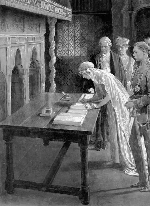Framed Print : Duchess of York signing the Register, Westminster Abbey Framed Print : Duchess of York signing the Register, Westminster Abbey