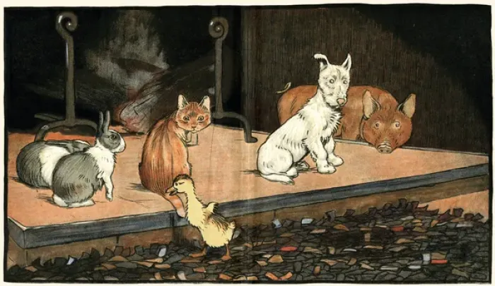 Framed Print : The duckling joins the other animals by the fire Framed Print : The duckling joins the other animals by the fire