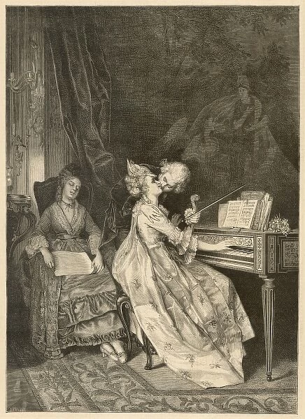 The Duet. A violinist kisses a woman at the piano while their chaperone is sleeping