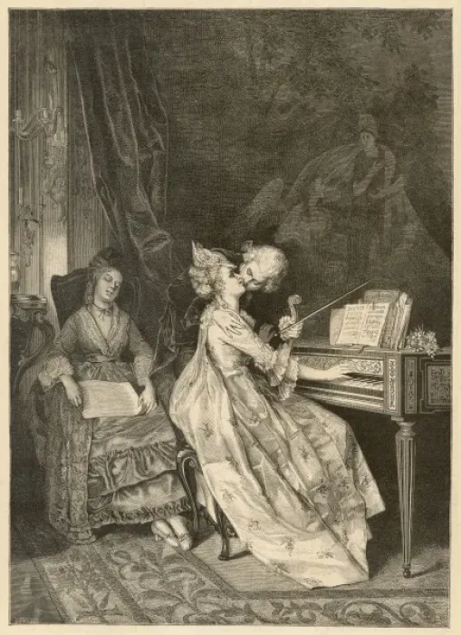 Framed Print : The Duet. A violinist kisses a woman at the piano while their chaperone is sleeping Framed Print : The Duet. A violinist kisses a woman at the piano while their chaperone is sleeping