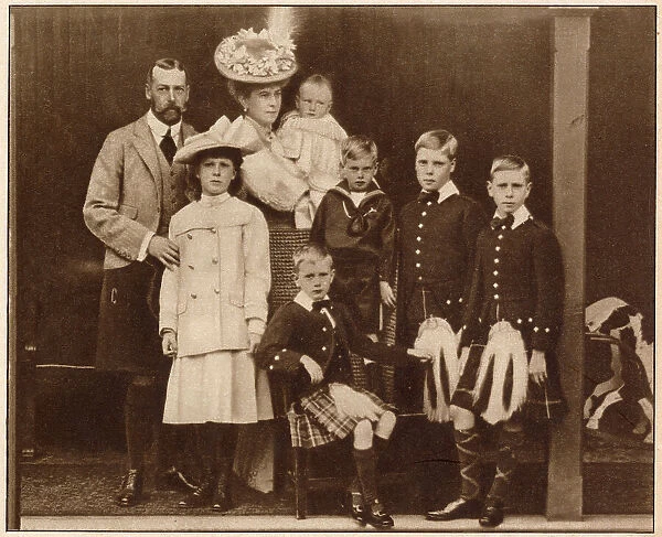 Duke and Duchess of York with their six children, taken at Abergeldie, (left to right) Duke of York (later George V), (1865 - 1936), Princess Mary, later Viscountess Lascelles, (1897 - 1965), Duchess of York, Mary of Teck (later Queen Mary consort)