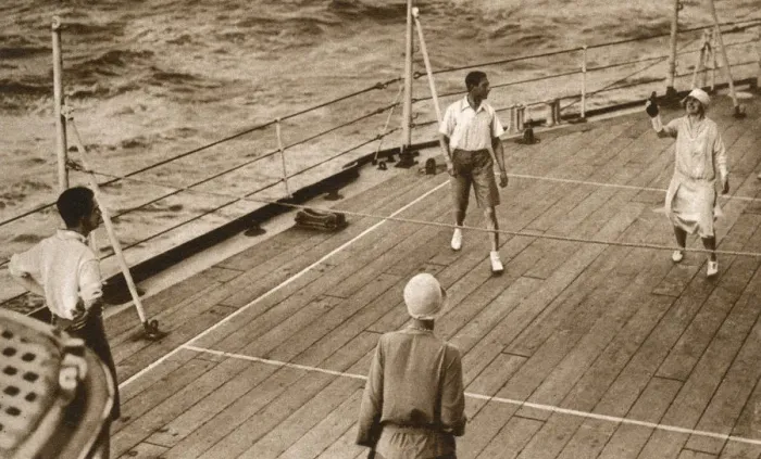 Framed Print : Duke and Duchess of York play Deck Tennis - HMS Renown Framed Print : Duke and Duchess of York play Deck Tennis - HMS Renown