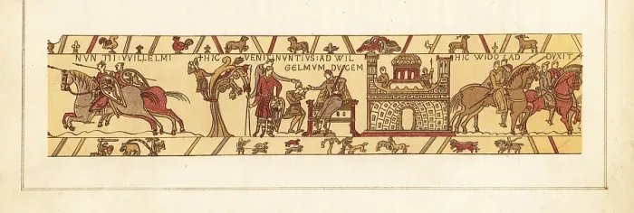 Framed Print : Duke WIlliam of Normandy on his throne receiving a messenger Framed Print : Duke WIlliam of Normandy on his throne receiving a messenger