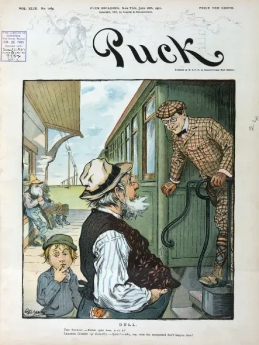 Framed Print : Dull. Illustration shows a tourist from the city standing on the steps Framed Print : Dull. Illustration shows a tourist from the city standing on the steps