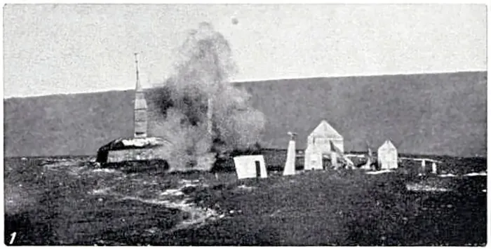 Framed Print : A dummy village made of canvas used for Artillery practise with Lyddite shells - near Okehampton, Dartmoor. A shell explodes near the Church'. Date: 1912 Framed Print : A dummy village made of canvas used for Artillery practise with Lyddite shells - near Okehampton, Dartmoor. A shell explodes near the Church'. Date: 1912