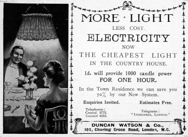 Duncan Watson & Co. An advertisement from 1909 advertising electricity