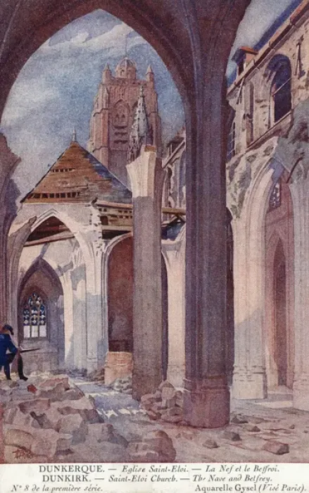 Framed Print : Dunkirk, France - Saint Eloi Church nave and belfry, WW1 Framed Print : Dunkirk, France - Saint Eloi Church nave and belfry, WW1