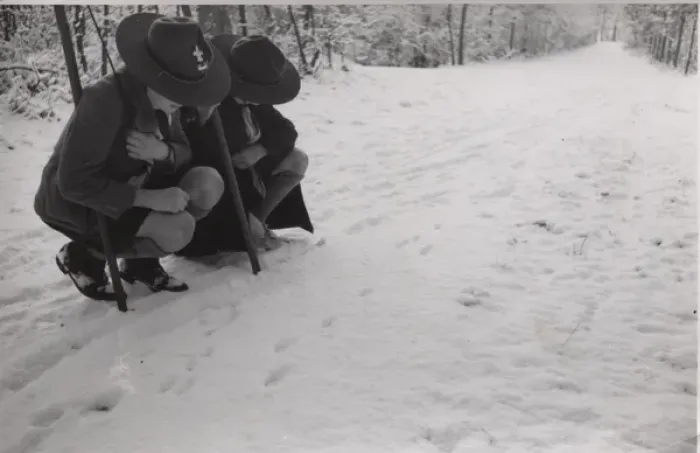 Framed Print : Dutch boy scouts tracking in snow, Holland