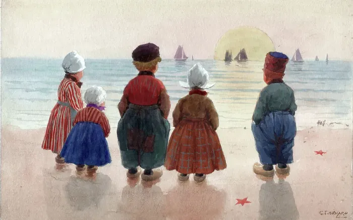 Framed Print : Dutch children - four on beach Framed Print : Dutch children - four on beach