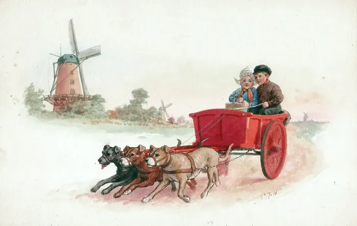 Framed Print : Dutch children - two in dogcart with windmill Framed Print : Dutch children - two in dogcart with windmill