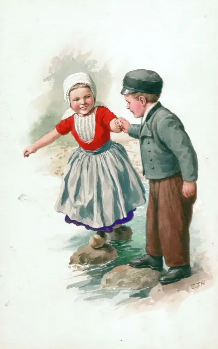 Framed Print : Dutch children - two on stepping stones Framed Print : Dutch children - two on stepping stones