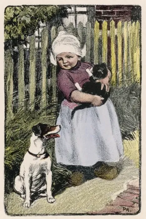 Framed Print : Dutch girl with cat and dog Framed Print : Dutch girl with cat and dog