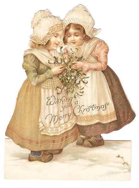 Two Dutch girls on a cutout Christmas card