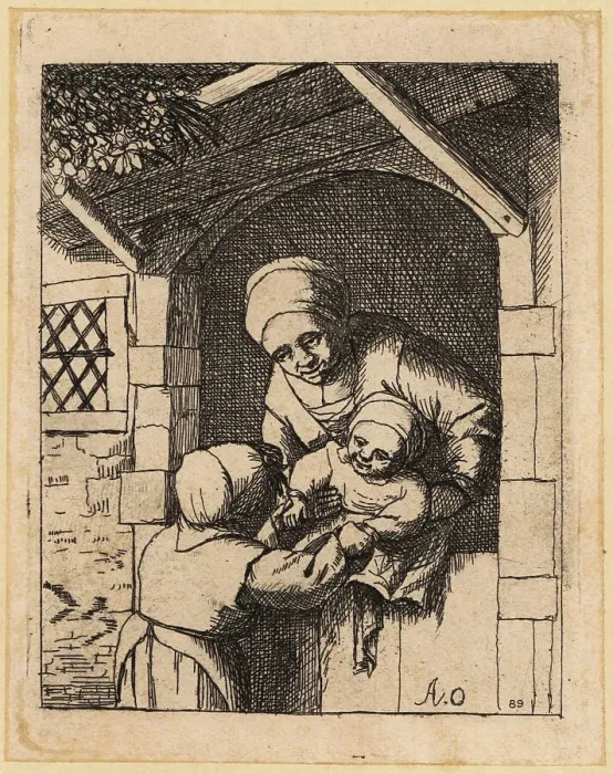 Framed Print : Dutch mother and small children at house gate, 17th century Framed Print : Dutch mother and small children at house gate, 17th century