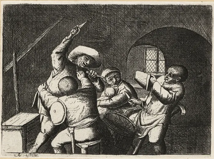 Framed Print : Dutch peasant with two daggers attacks another card player in a Framed Print : Dutch peasant with two daggers attacks another card player in a