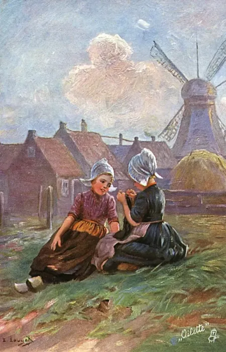 Framed Print : Dutch Peasant Girls knitting Fathers socks Framed Print : Dutch Peasant Girls knitting Fathers socks