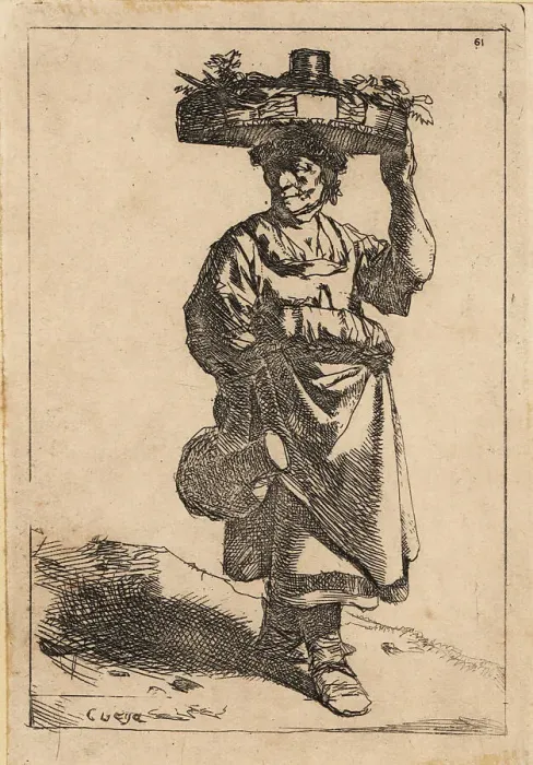 Framed Print : Dutch peasant woman carrying a basket on her head, 17th century Framed Print : Dutch peasant woman carrying a basket on her head, 17th century