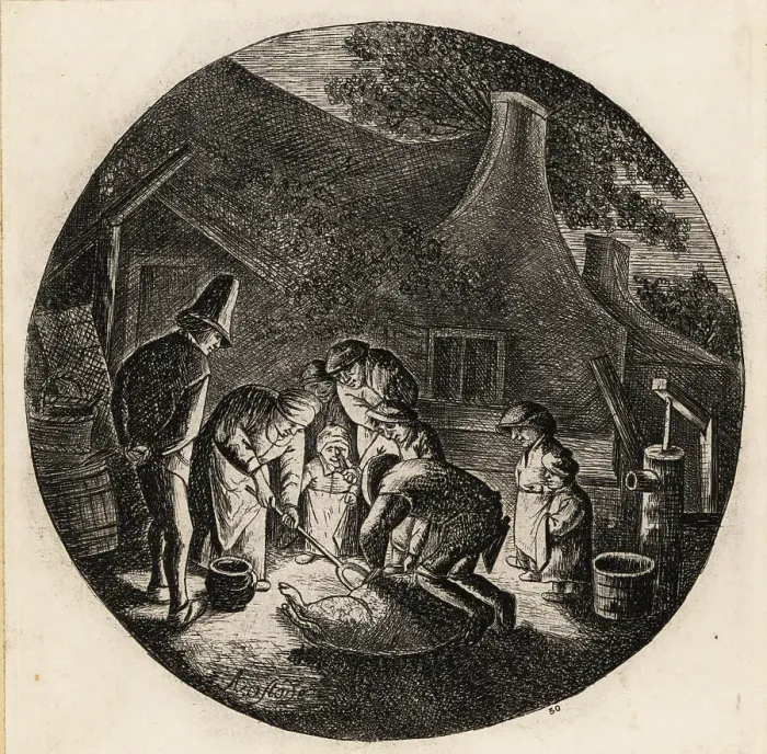 Framed Print : Dutch peasants butchering a pig by candlelight, 17th century Framed Print : Dutch peasants butchering a pig by candlelight, 17th century
