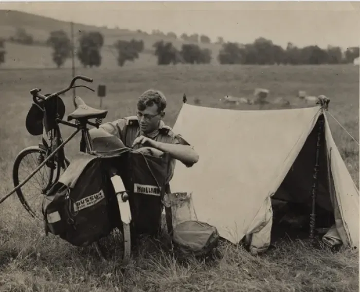 Framed Print : Dutch rover scout with bicycle and tent Framed Print : Dutch rover scout with bicycle and tent
