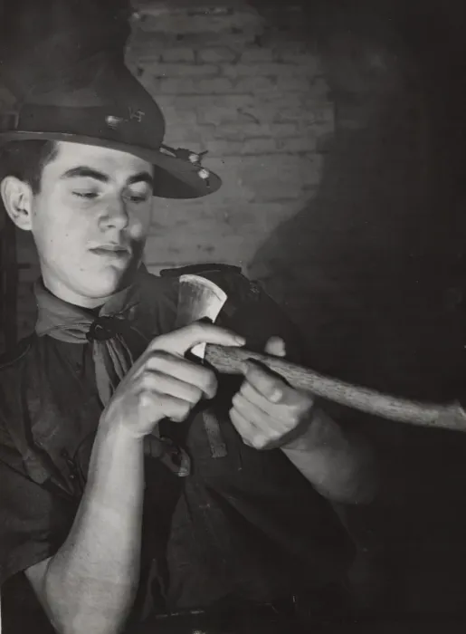 Framed Print : Dutch rover scout sharpening an axe Framed Print : Dutch rover scout sharpening an axe