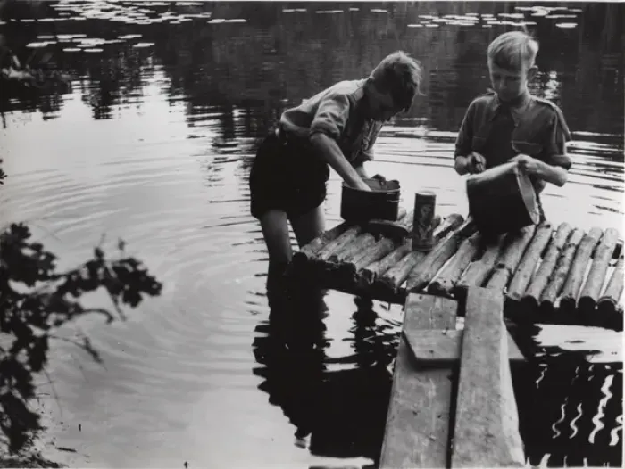 Framed Print : Dutch scouts washing up in a river, Holland Framed Print : Dutch scouts washing up in a river, Holland