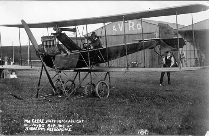 Framed Print : A E Geere in his Avro Type D at Shoreham Aerodrome Framed Print : A E Geere in his Avro Type D at Shoreham Aerodrome