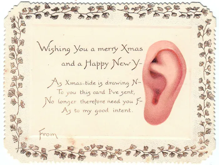 Framed Print : Ear with comic verse on a Christmas and New Year card Framed Print : Ear with comic verse on a Christmas and New Year card