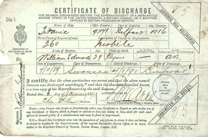 Framed Print : Earlier Titanic, Certificate of Discharge, William Edwards Framed Print : Earlier Titanic, Certificate of Discharge, William Edwards