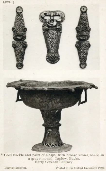 Framed Print : Early Anglo-Saxon Gold Buckle and Pairs of Clasps with bronze vessel found in a grave Framed Print : Early Anglo-Saxon Gold Buckle and Pairs of Clasps with bronze vessel found in a grave