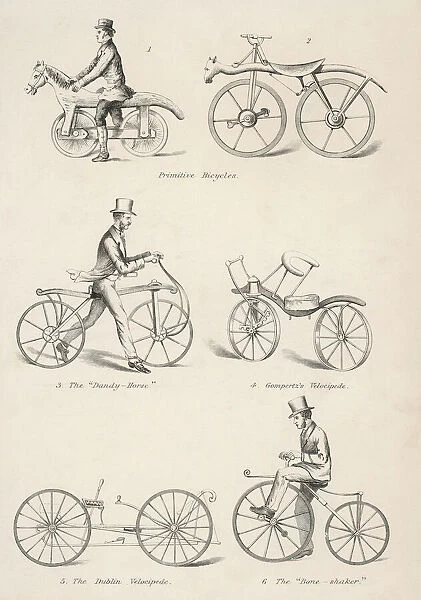Early Bicycles. A variety of early bicycles, including two varieties of