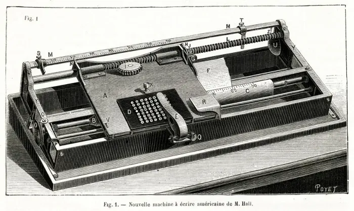 Framed Print : Early form of typewriter by Hall, USA 1885 Framed Print : Early form of typewriter by Hall, USA 1885