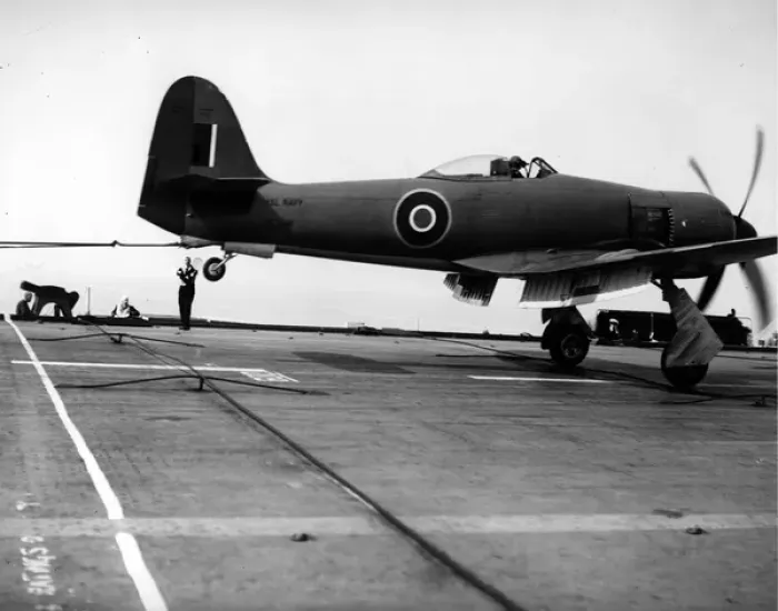Framed Print : An early Hawker Sea Fury X TF898 during sea trials aboard Framed Print : An early Hawker Sea Fury X TF898 during sea trials aboard