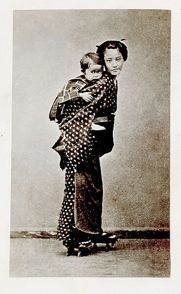 Early Japanese portrait; woman carrying a baby