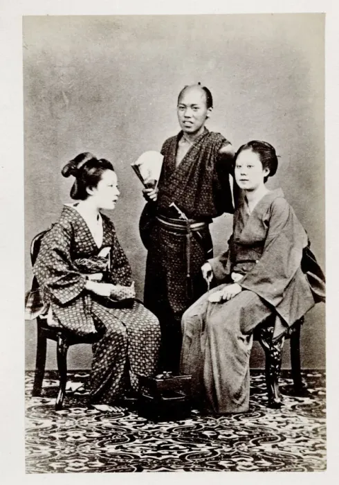 Framed Print : Early portrait Japan - man and two seated women Framed Print : Early portrait Japan - man and two seated women