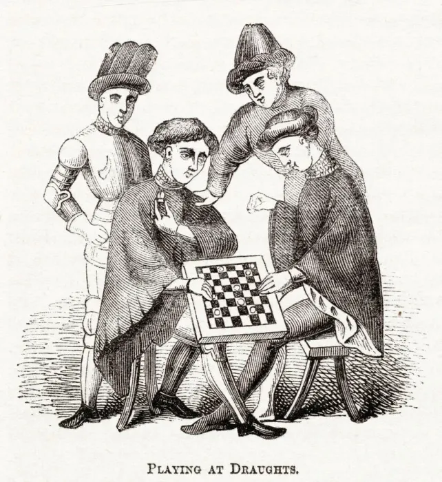 Framed Print : Early scene of two men playing draughts. Date: medieval Framed Print : Early scene of two men playing draughts. Date: medieval