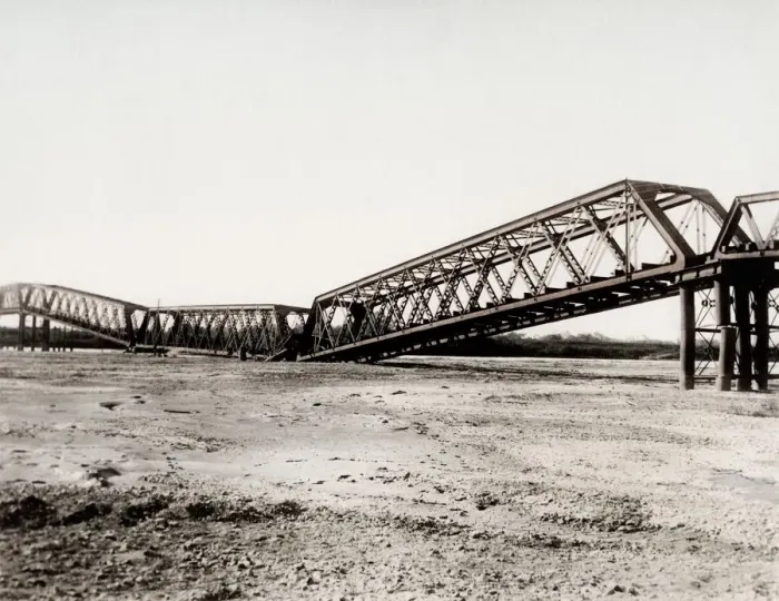 Framed Print : Earthquake damage in Japan c. 1890, collapsed bridge Framed Print : Earthquake damage in Japan c. 1890, collapsed bridge