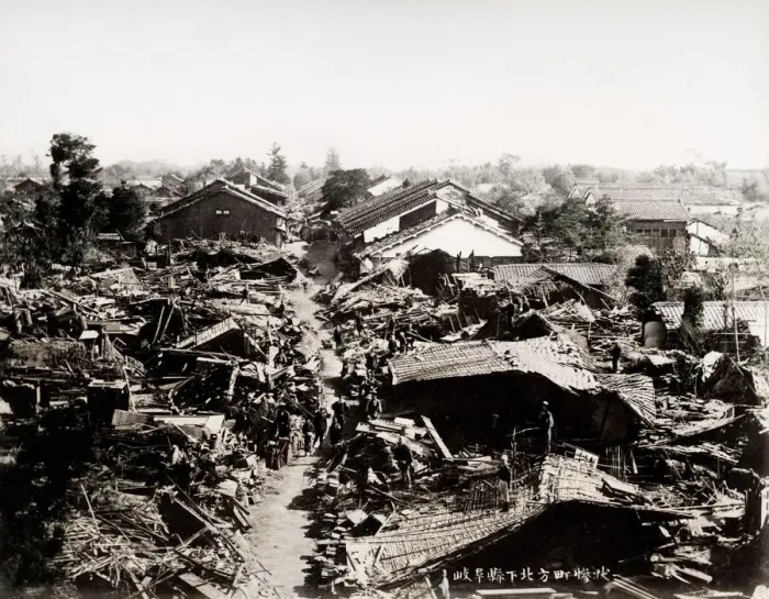 Framed Print : Earthquake damage in Japan c. 1890, collapsed houses Framed Print : Earthquake damage in Japan c. 1890, collapsed houses