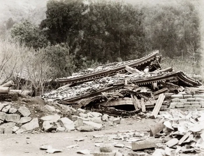 Framed Print : Earthquake damage in Japan c. 1890, collapsed houses Framed Print : Earthquake damage in Japan c. 1890, collapsed houses