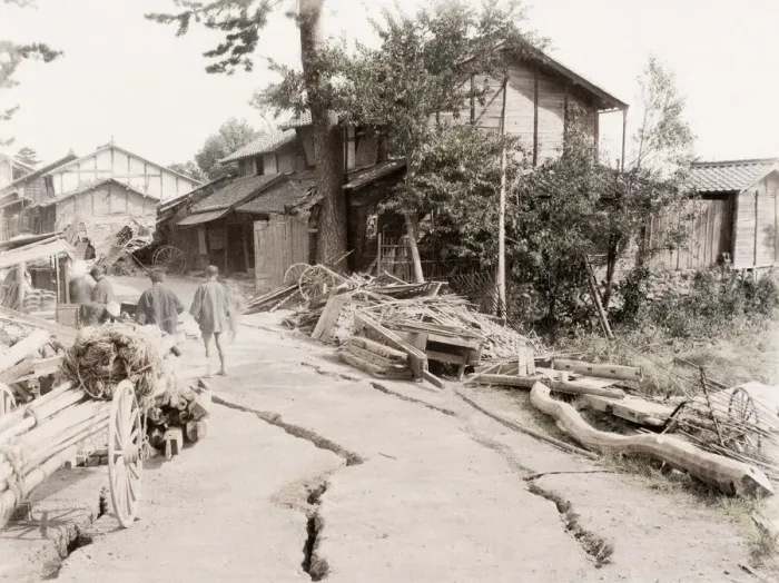 Framed Print : Earthquake damage down a village street, Japan, c. 1890 s Framed Print : Earthquake damage down a village street, Japan, c. 1890 s