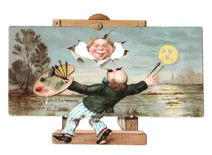 Framed Print : Easel and artist on a cutout Christmas card Framed Print : Easel and artist on a cutout Christmas card