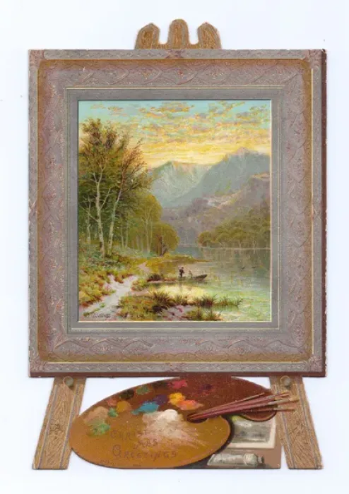 Framed Print : Easel and artists palette on a Christmas card Framed Print : Easel and artists palette on a Christmas card
