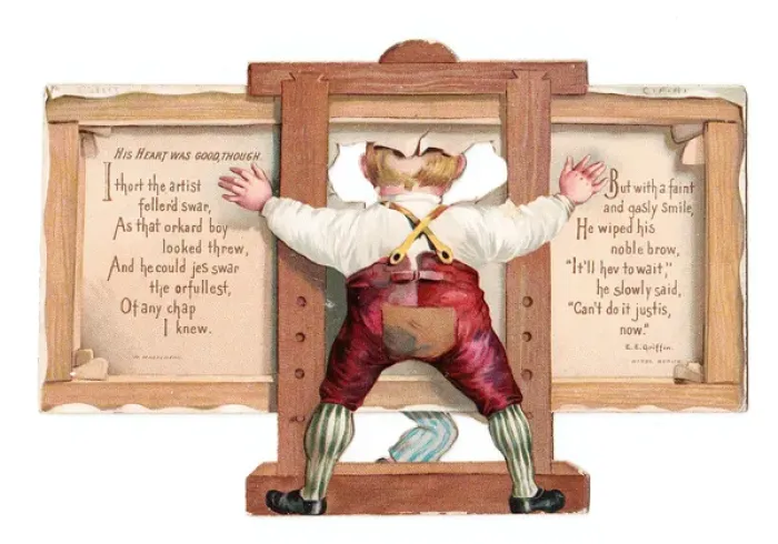 Framed Print : Easel and boy on a cutout Christmas card